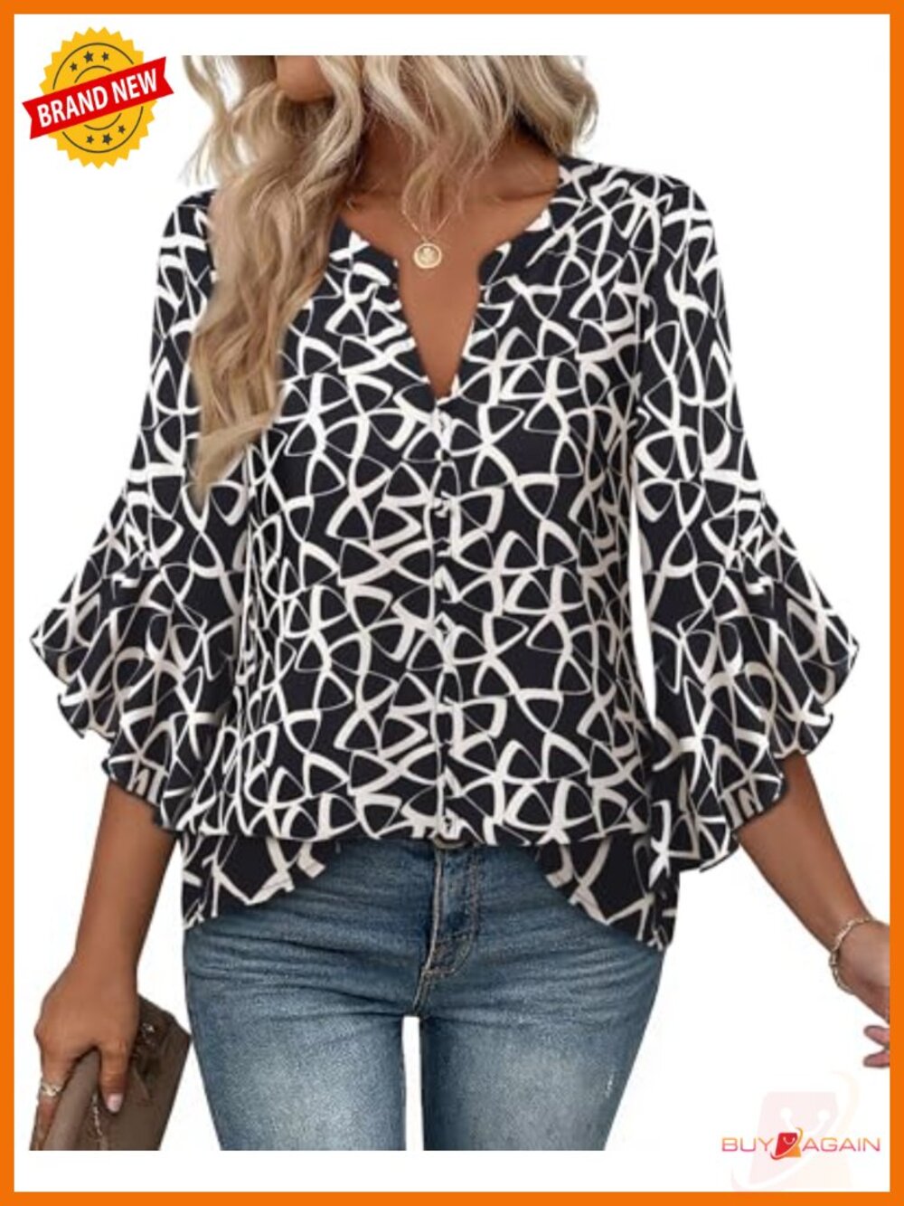 Women's Dressy Casual Henley V-Neck Chiffon Ruffle 3/4 Sleeve Blouse